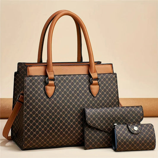 Women's 3-Piece Handbag Set – Tote, Clutch & Coin Purse with Retro Geometric Design